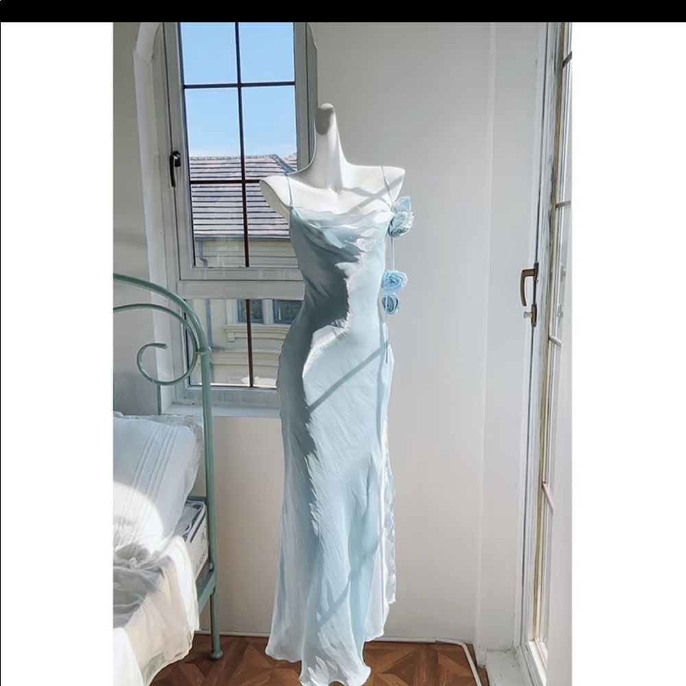 Baby Blue Satin Floral Maxi Dress